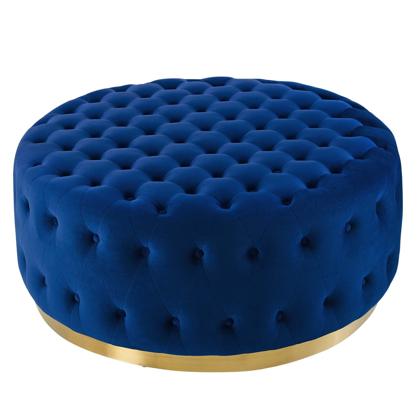 Tufted Accent Chair Ottoman, Round, Velvet, Blue Navy, Modern