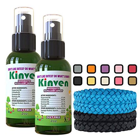 Kinven Bracelets and Spray Pack for Mosquito - 2 x 2oz Spray Bottle + 4 Bracelets  Light Blue/Black  Great Looking  Insect Wristband & Spray  Waterproof  Indoor Outdoor Protection for Adults & Kids
