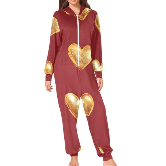 Golden Hearts on Red Background Adult's Hoodie Onesie Jumpsuit One-Piece Pajamas with Zipper Unisex for Holiday S