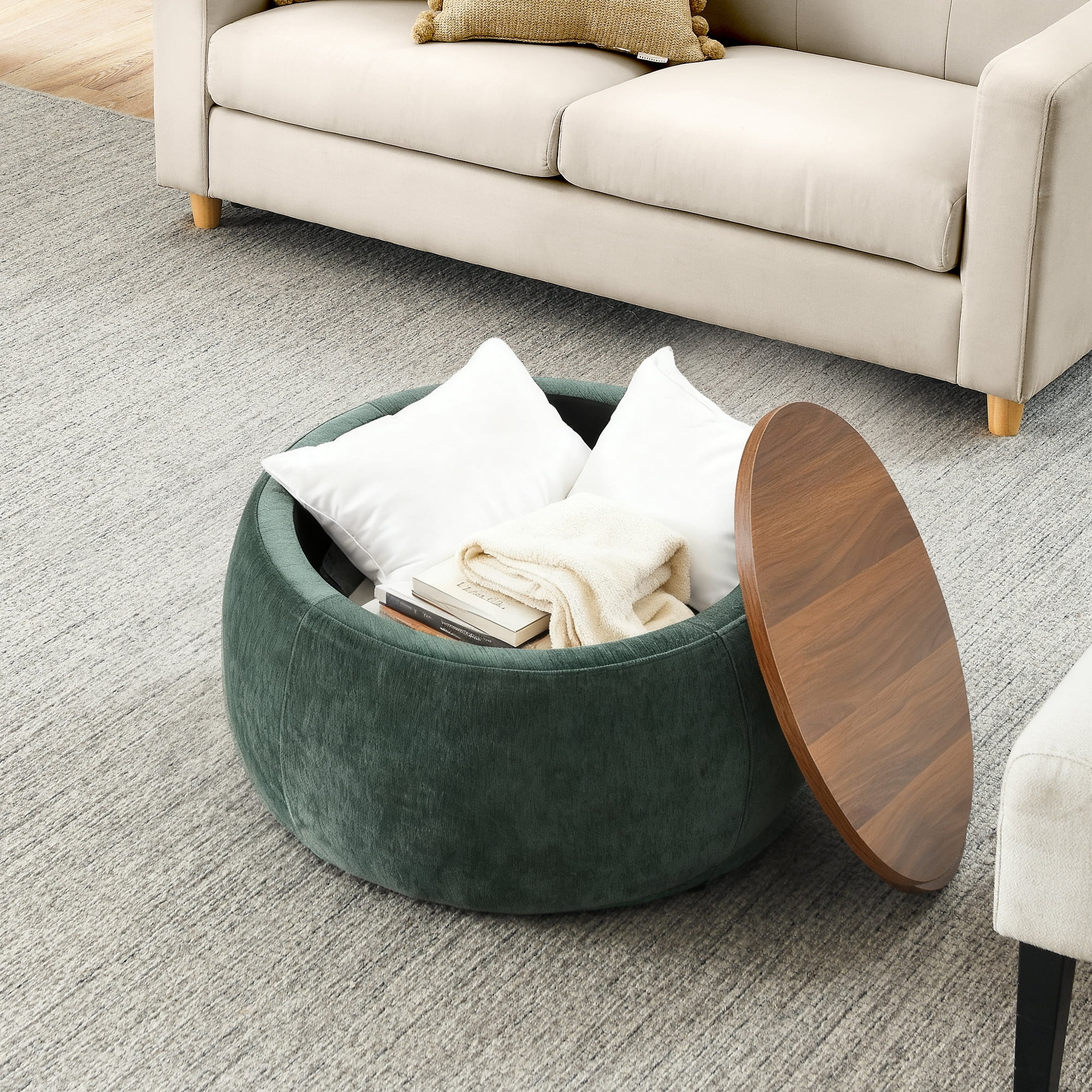 Aukfa 2pc Round Storage Ottoman, Chenille Upholstered Pouf Foot Rest Stools, Coffee End Table for Living Room, Bedroom, Dorm, Green