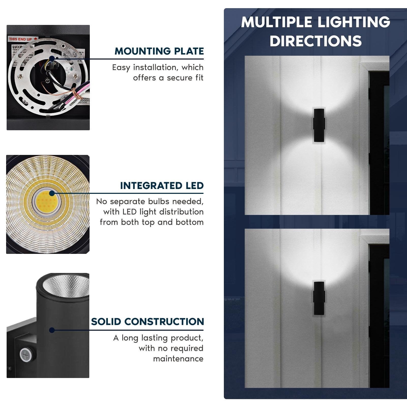 Luxrite Dusk to Dawn LED Outdoor Wall Light, 10", Up or Up and Down Light, 3CCT 3000K-5000K, 12/15/18W, IP65, ETL