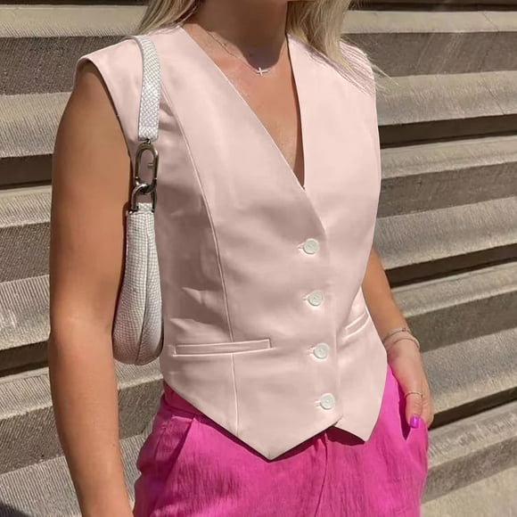 Amzcrzy Womens Vest Dressy Casual V-Neck Button-Down Lined Suit Jacket Waistcoat Versatile Vests