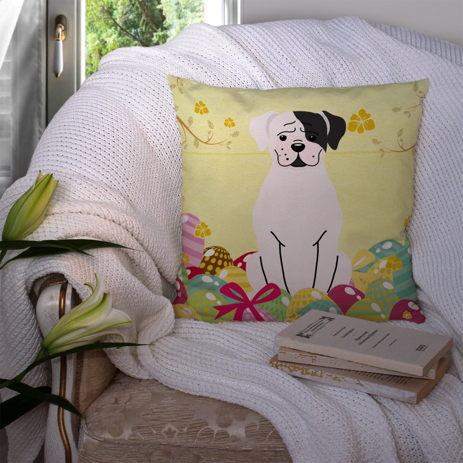 Carolines Treasures BB6114PW1414 Easter Eggs White Boxer Cooper Fabric Decorative Pillow