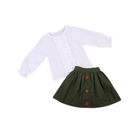 

Gwiyeopda Toddler Baby Girl Clothes Long Sleeve Ruffled Shirt Tops + Short Button Skirt Outfits