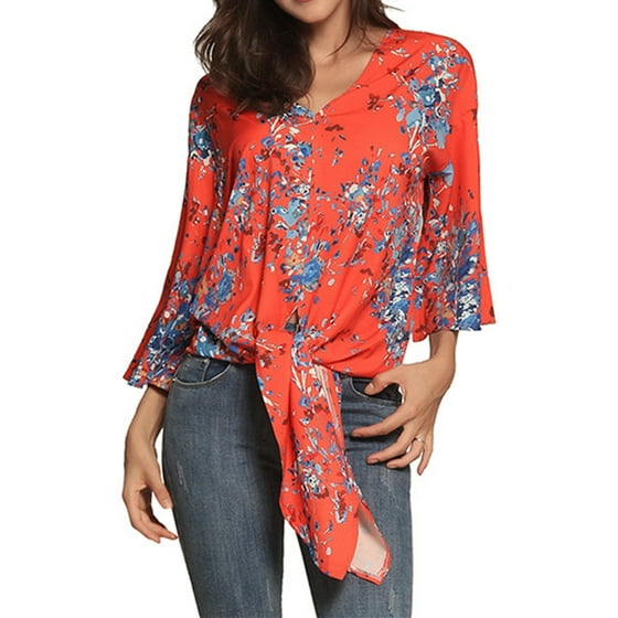 SySea Women 3/4 Sleeve Floral Print Blouse Tie Front Tops