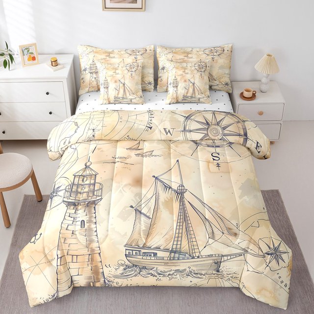 YST Vintage Nautical 7 Pieces Comforter Set, Full Size, Retro Compass Lighthouse, Grunge Beige