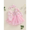 thumbnail image 3 of Suealasg Baby Girl 2Pcs Summer Clothes Long Sleeve Floral Embroidery Shirred Romper Dress +Headband Set 3 6 12 18 Months Infant Girls Birthday Photoshoot Outfits, 3 of 7