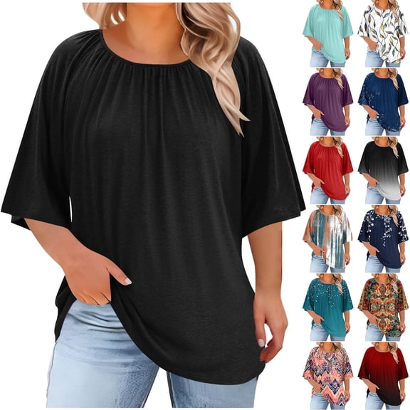 Horkkom Plus Size Tops for Women Summer Crew Neck Short Sleeve Shirts Casual Loose Solid Color Blouses L