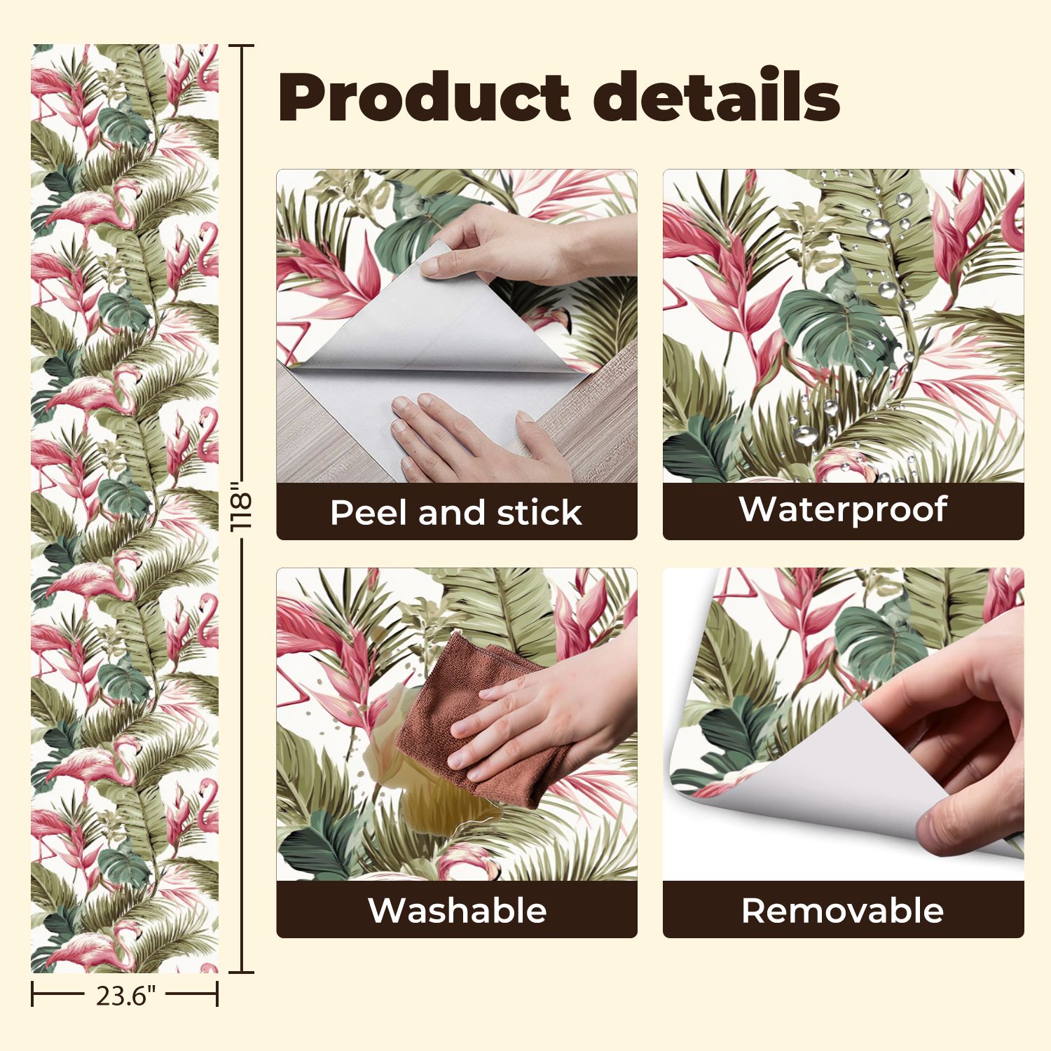 Vintage Peel and Stick Wallpaper Tropical Flamingo Palm Leaf Pink Green Foliage Wall Mural 23.6in x 9.8ft Self Adhesive Removable Wall Paper Renter Friendly Wallpaper for Nursery Bedroom Cabinets
