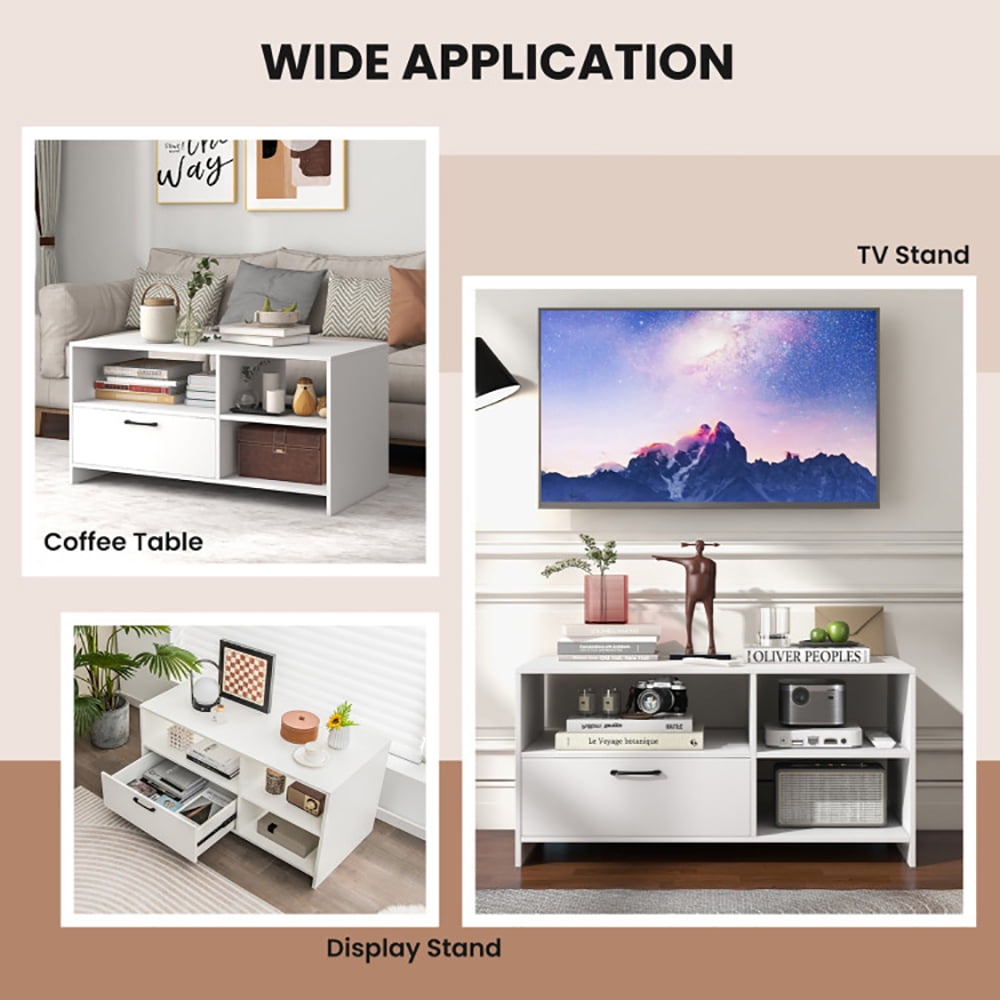 Finihen TV Stand, TV Cabinet, Modern Media Console Table with 3 Open Compartments and 1 Storage Drawer, for Living Room, Bedroom, White