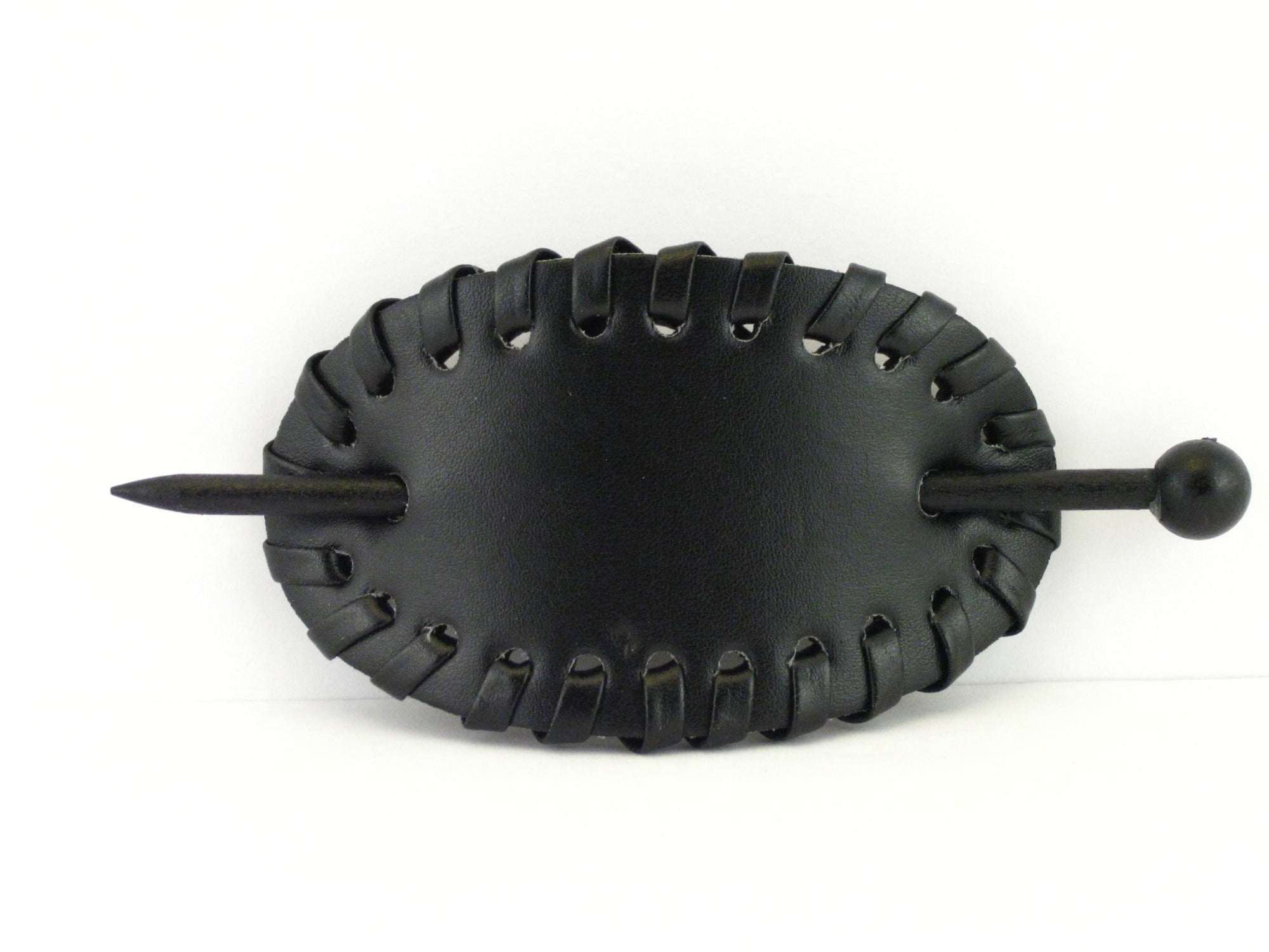 Pastel Leather with Wooden Slide Stick Oval Hair Pin Barrette (Black)