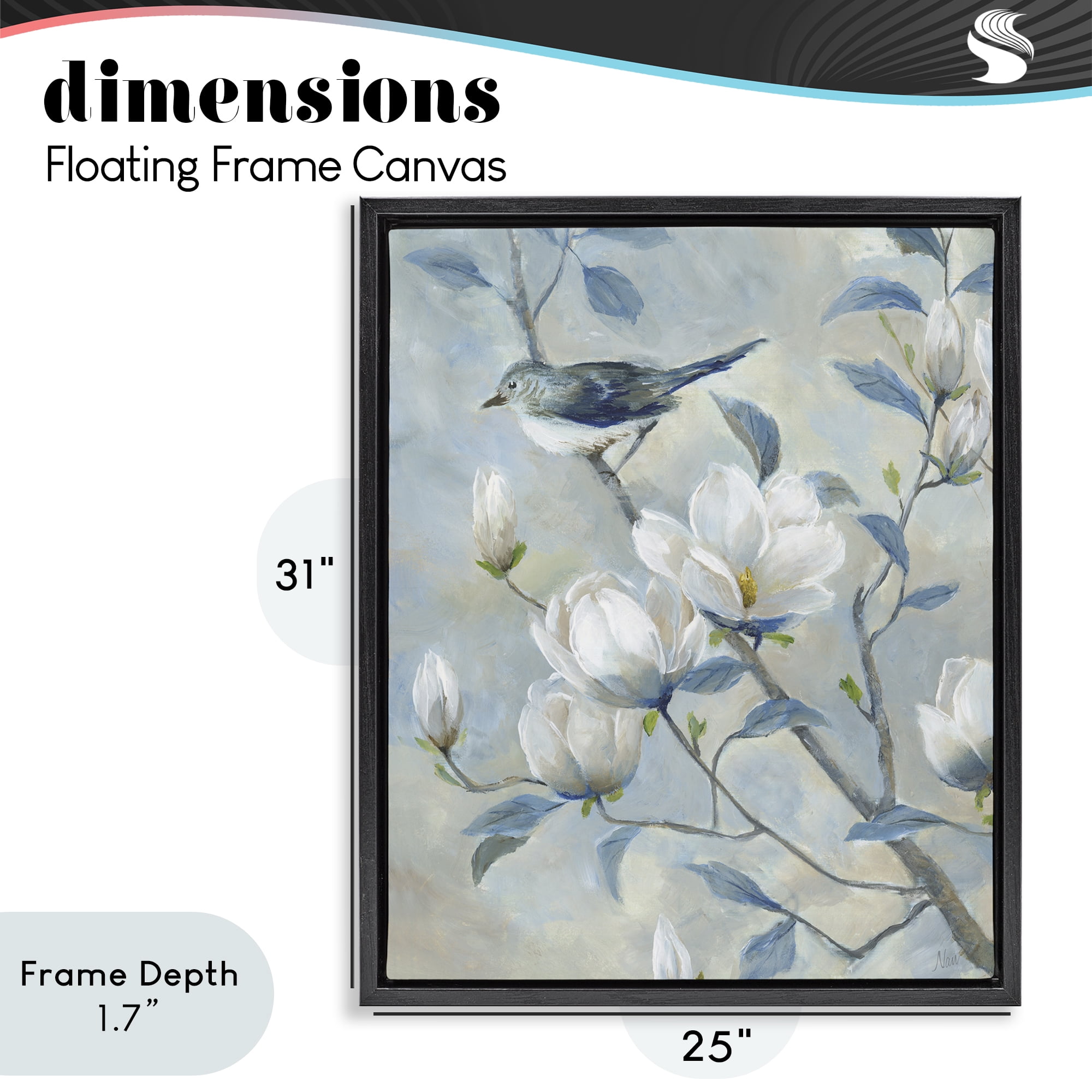 Stupell Industries Blue Bird in Magnolia Tree Black Framed Floater Canvas Wall Art, design by Nan