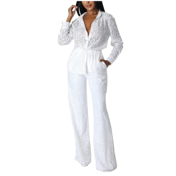 Levmjia Womens Lace Tops and Pants Set Long Sleeve Fashion Solid Color V-Neck Button Long Sleeve Wide Leg Two-Piece Suit Casual Comfortable Outfit For Fall Winter Daily Wear