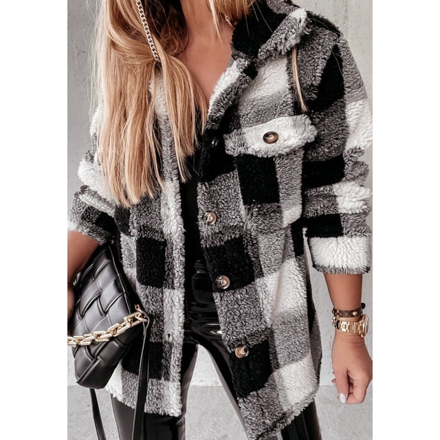 Chaqueta de terciopelo de peluche Chaqueta cálida a cuadros Chaqueta de cuadros de felpa mullida
