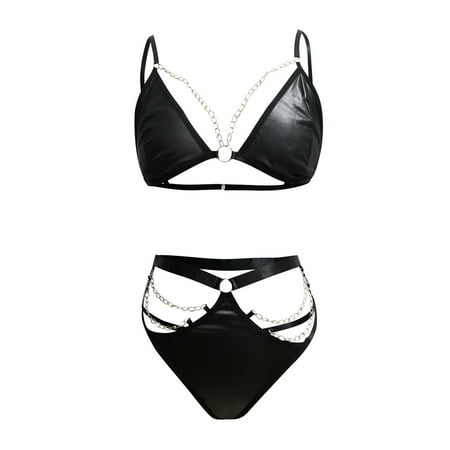Midwennn Women Fashion Lingerie 2pack PU Leather Harness Lingerie Nightgown With Chain Linked Hand Ring Bustier Corset Lingerie Nightgown for Women