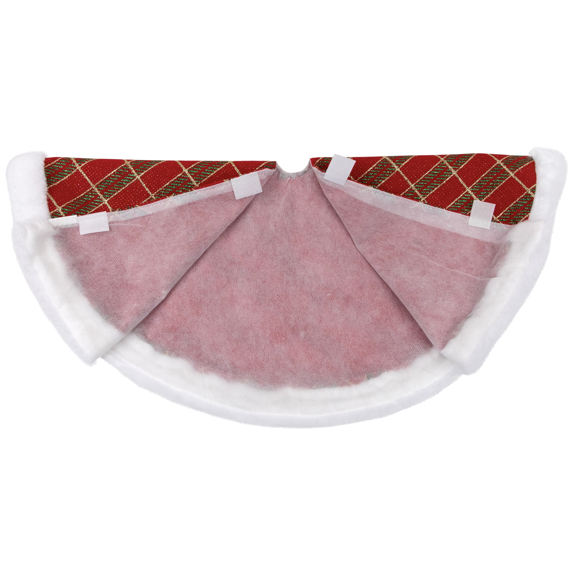 20" Glitter Red Green and Gold Plaid Mini Christmas Tree Skirt with White Faux Fur Border