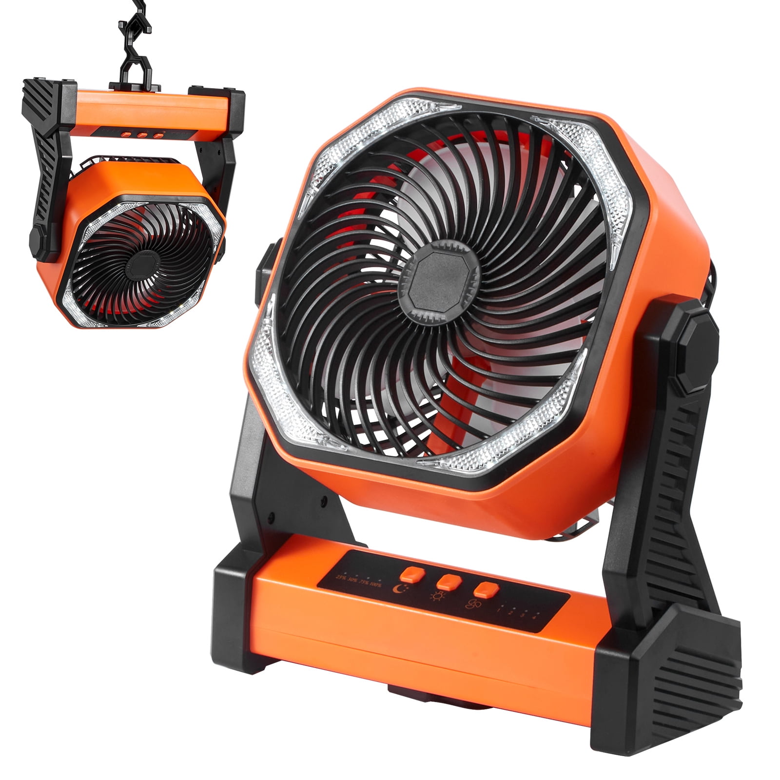 KFFKFF 8 inch Camping Tent Fan, 2000mAh Portable Fan with Hook for Tents, Rechargeable Auto Oscillating with LED Lantern 4 Speeds Adjustable