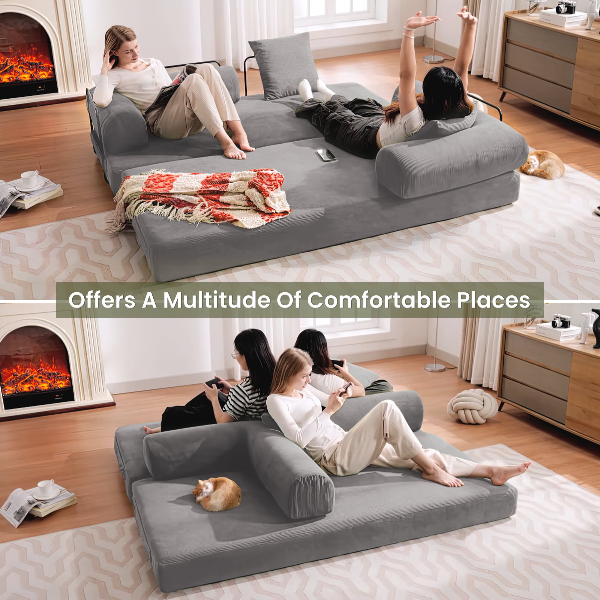 Muumblus 78" Corduroy Loveseat Cloud Sofa , Queen Size Convertible Slpper Couch Bed for Living Room, Gray