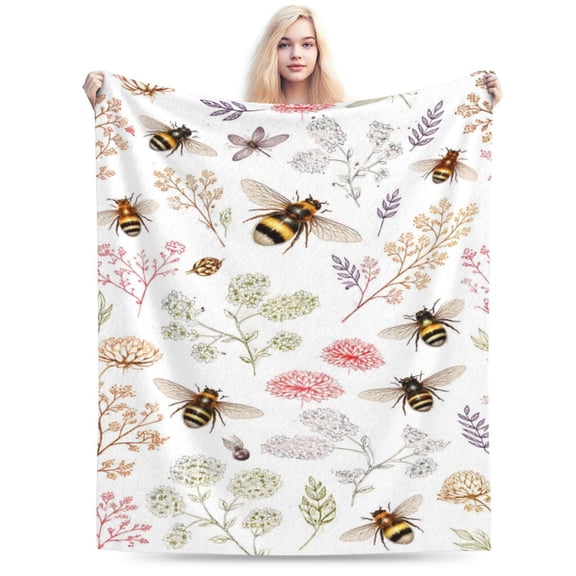 Botanical Bee Blanket, Wildflower Bumblebee Garden Design Soft Cozy Bed and Sofa Cover for Adults, Mothers Day Gift 60x50