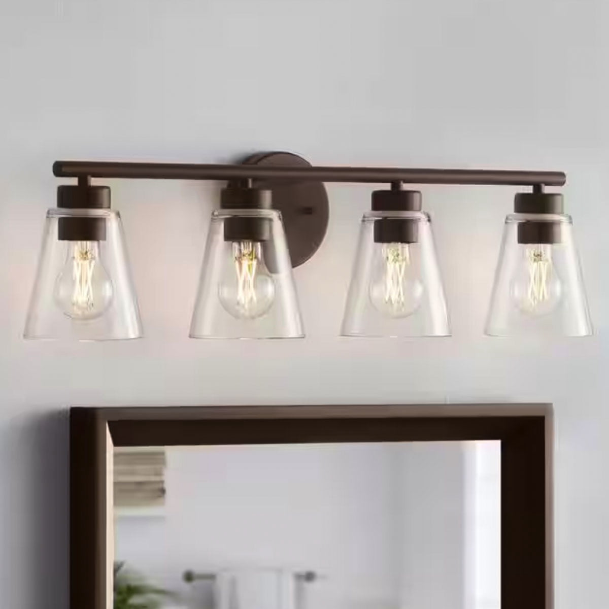 Ceybo 4-Light Bathroom Vanity Light, Bronze Fixture with Clear Glass Shades – Dimmable, Multi-Mount, E26 Base