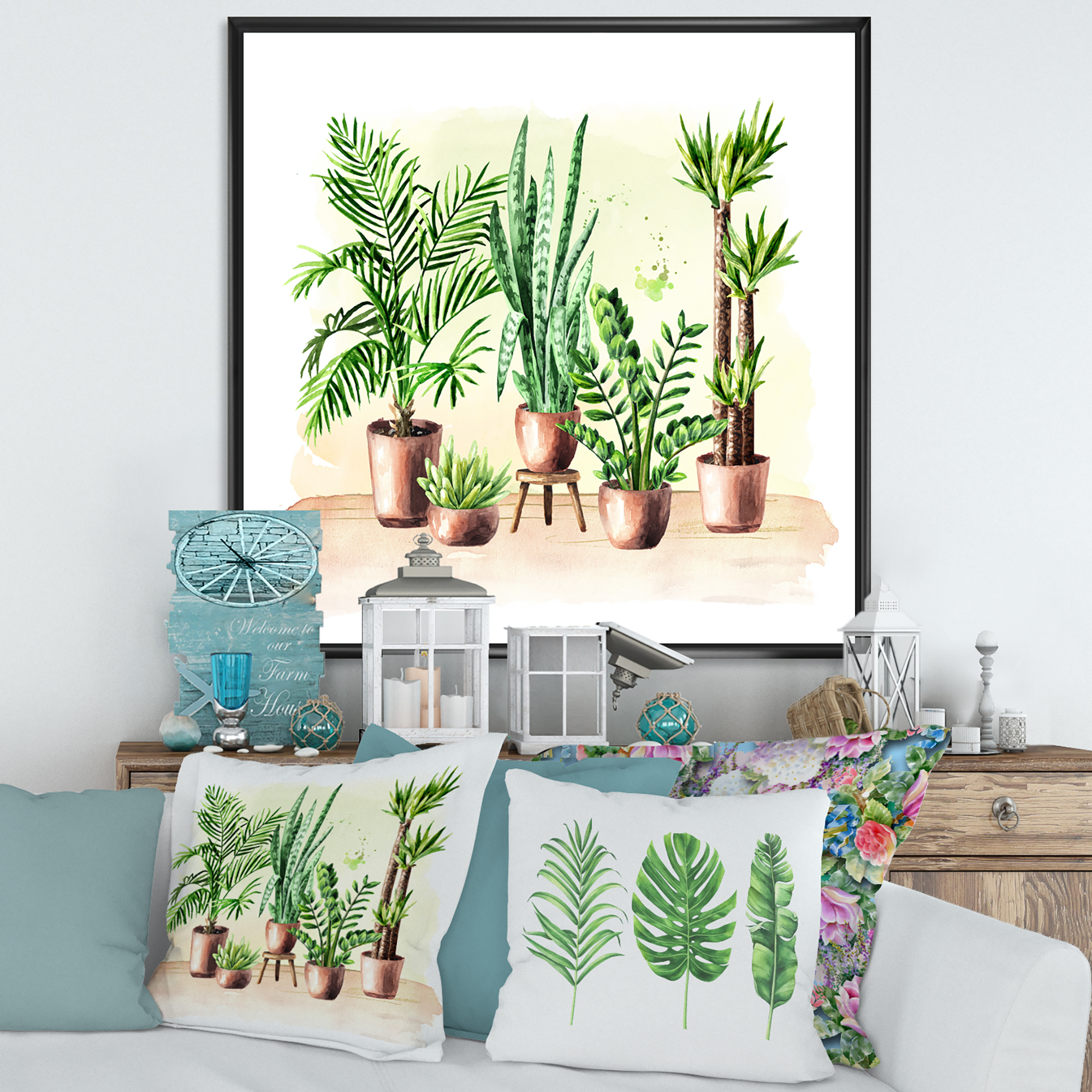 Designart 'Indoor Green Home House Plants in Pots I' Traditional Framed Canvas Wall Art Print