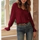 thumbnail image 4 of Camisa de Larga para Mujer, Moda de Otoño, Color Liso, Cuello en V, Camiseta de Larga. Vino Tinto L, 4 of 6