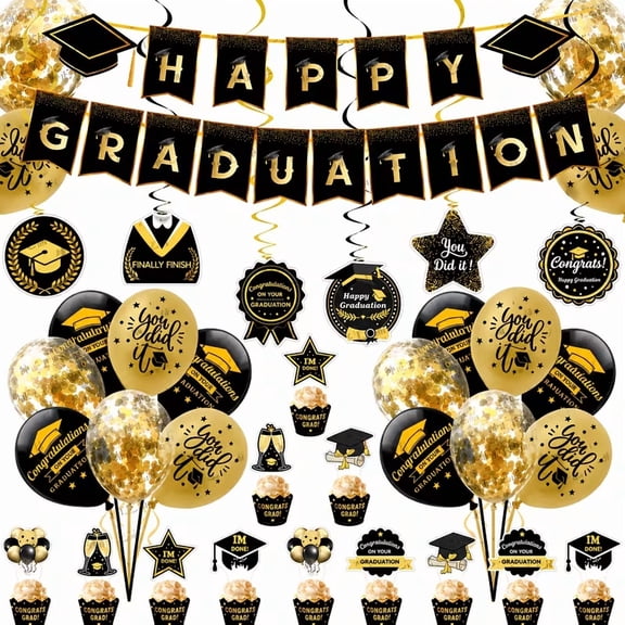Class of 2026 Graduation Party Decorations Kit, Black and Gold Banner, Balloons and Cupcake Toppers