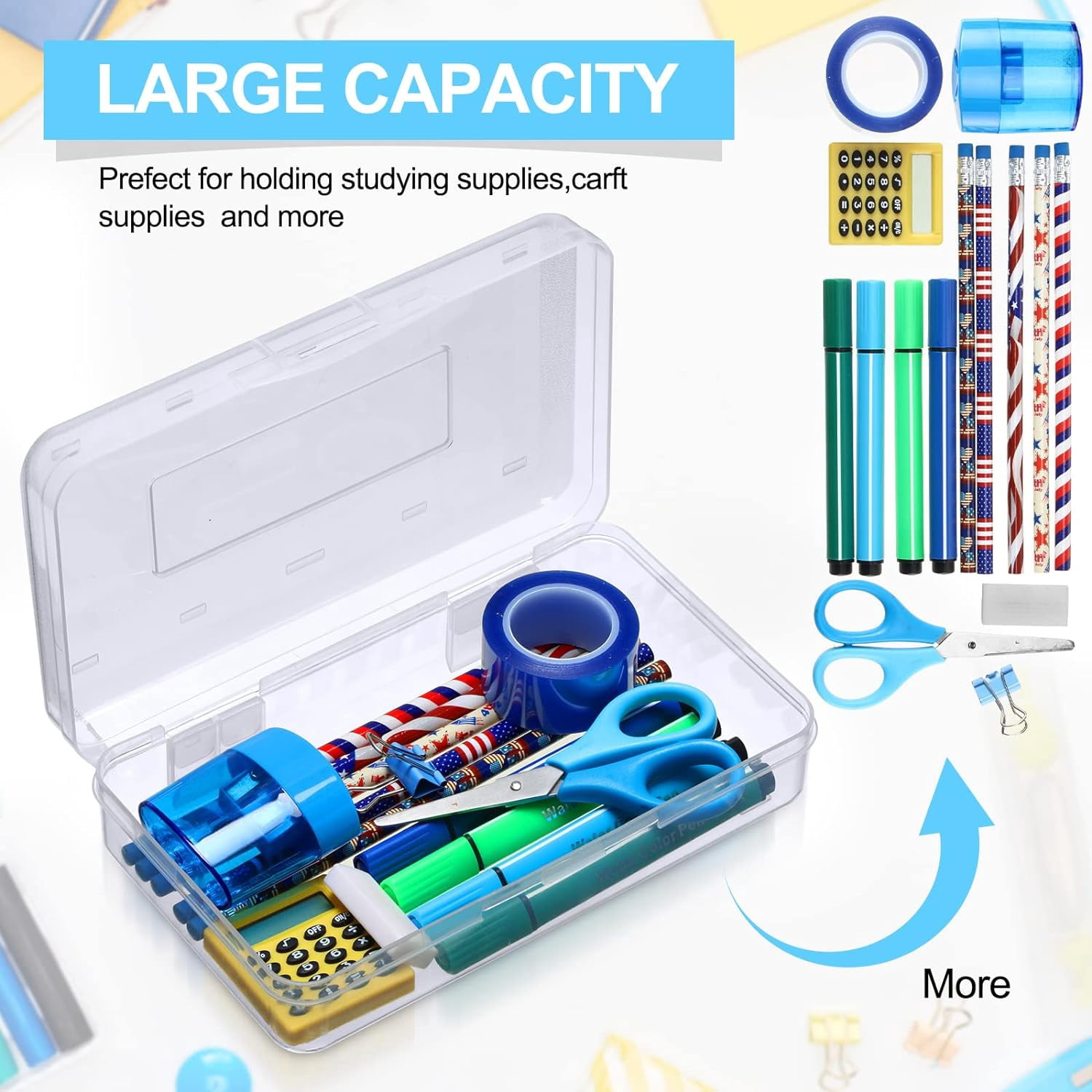 24 Pack Clear Plastic Pencil Boxes, Large Stackable Stationery Organizer, Bulk Crayon Storage Case for Classroom and Daily Use, Transparent