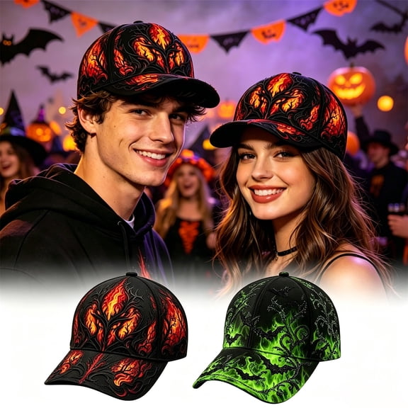 Gothic Ghost Embroidered Baseball Cap for Men Women, Green Flame Spooky Adjustable Dad Hat with Shimmering Halloween Design, Unisex Party Accessory & Costume Gift