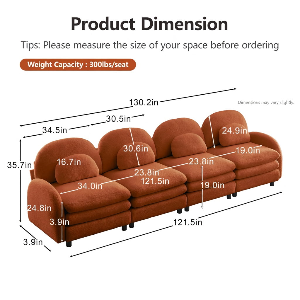 Hommoo Teddy Fleece Modular 4-Seat Sofa, Cloud-Like Softness, Curved Backrest & Armrest, Double-Layer Cushioning with Lumbar Support, Orange