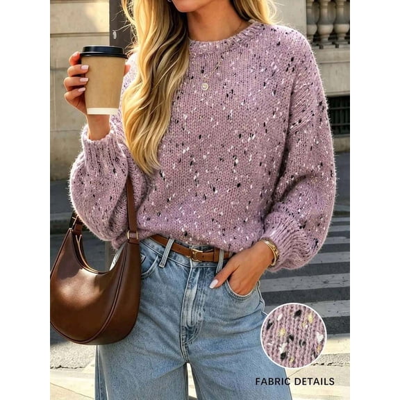 Womens Multicolor-6 Casual Speckled Knit Sweater, Round Neck Long Sleeve