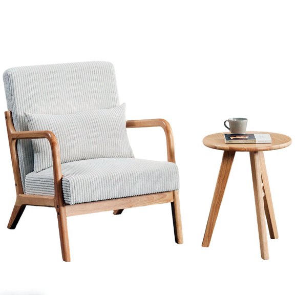 S-HOME Minimalist Accent Chair With Cotton Filler And Rubberwood Coffee Table Set  For Living Spaces And Bedrooms, light brown