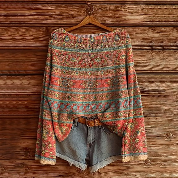 Women's Bohemian Print Sweater - Orange Oversized Pullover with Long Sleeves, Boho Chic Cardigan for Fall, S