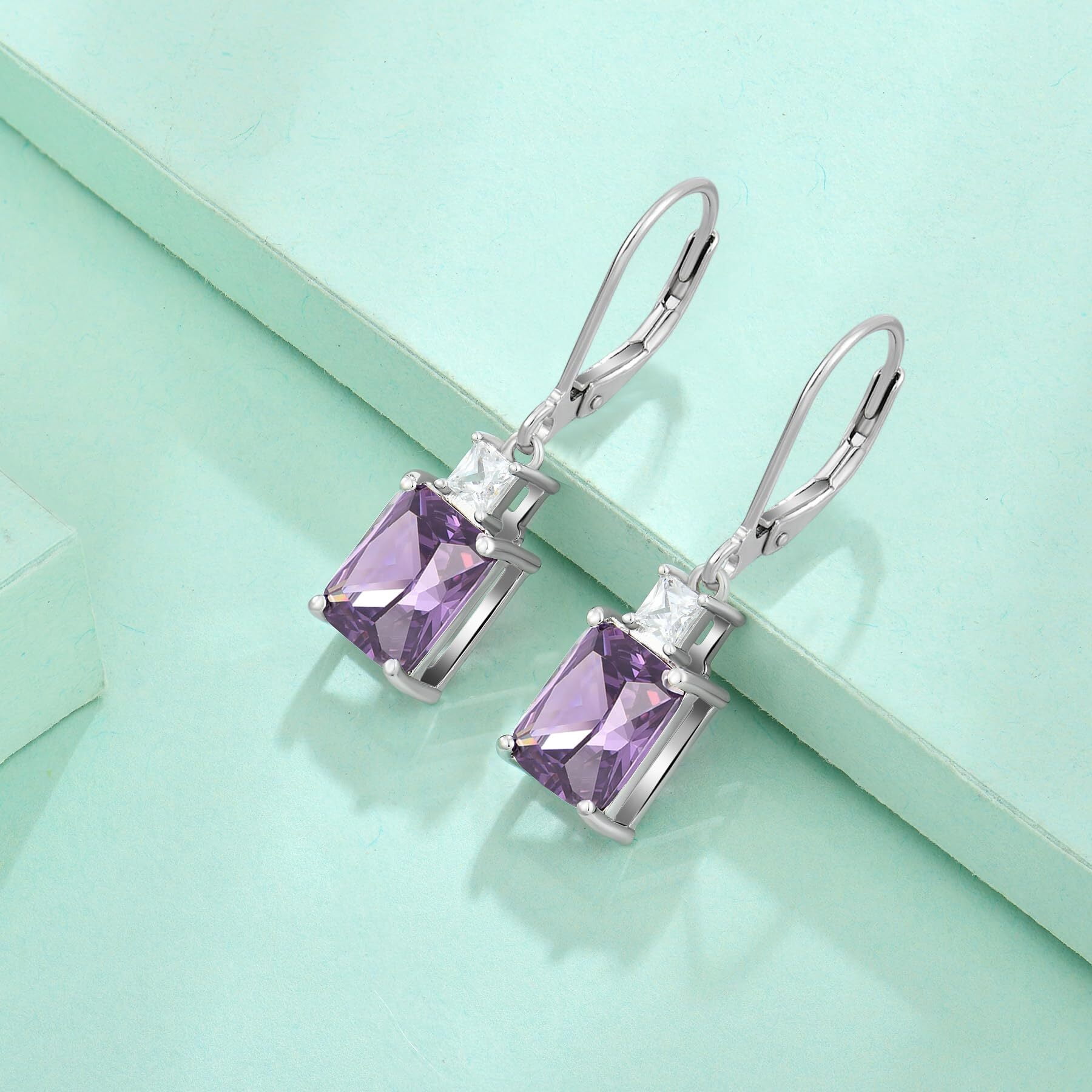 Starchenie Princess/Emerald Brilliant Cut Birthstone February Amethyst Earrings for Women Dangle Earrings Sterling Silver Leverback Earrings Birthday Anniversary Jewelry Gift