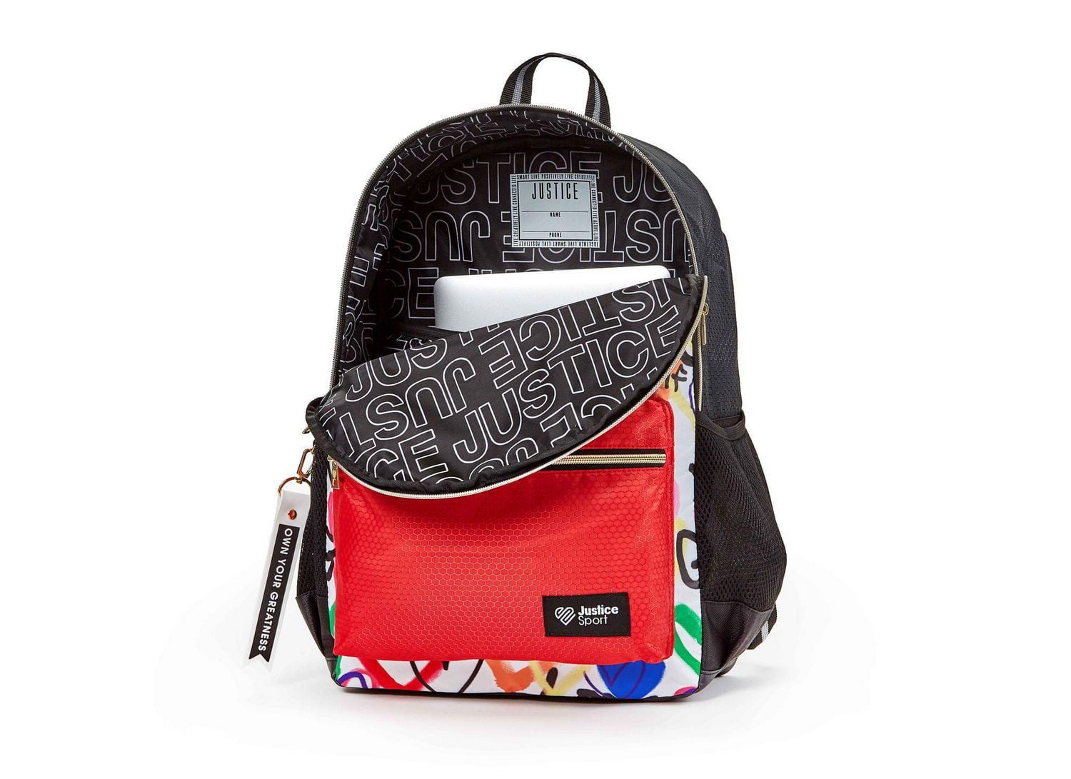 Justice™ Brand Girls Tie Dye Heart Printed Nylon Multi Compartment Backpack 17” Backpack with Texture Rubber Embossed Keychain