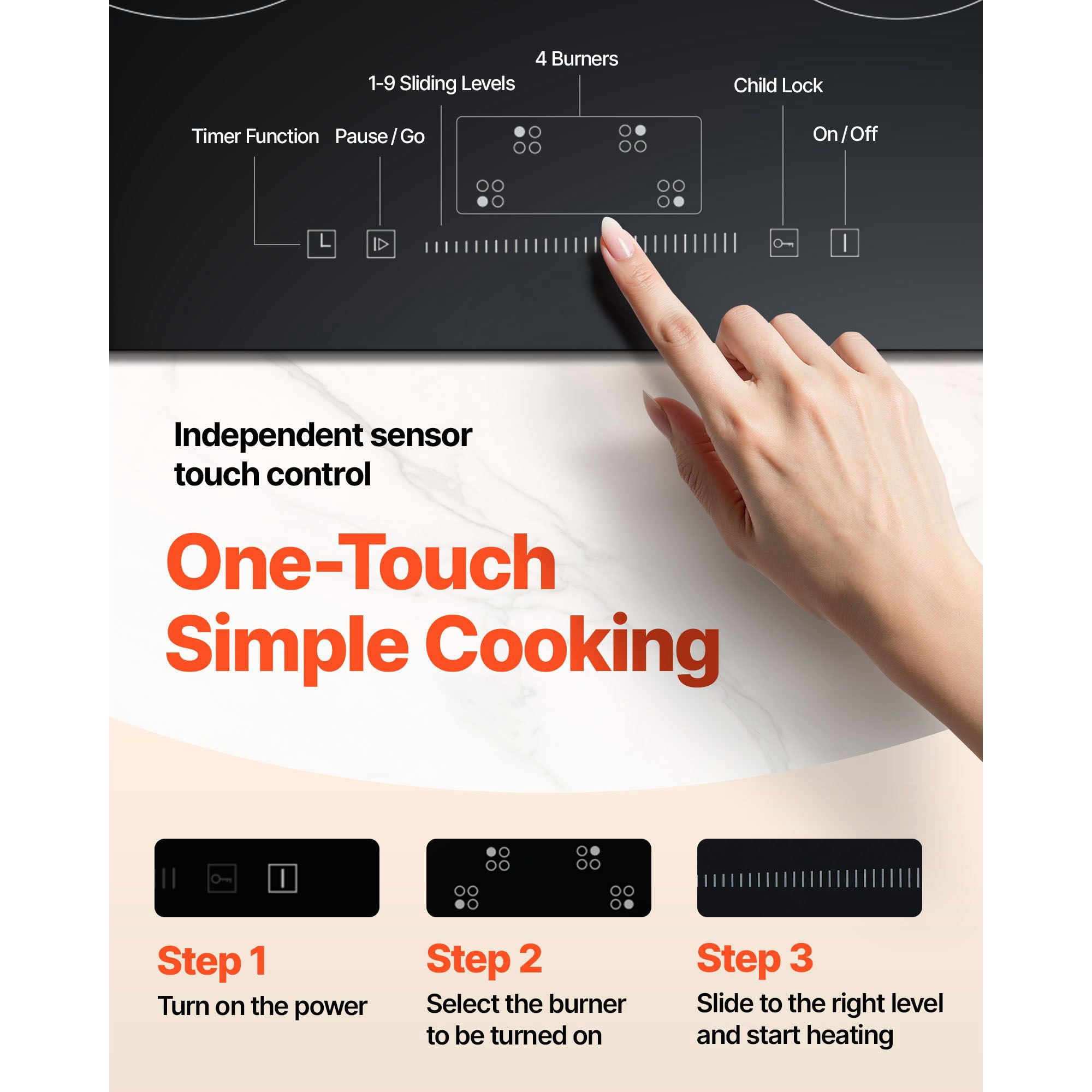 Empava 23.2x20.5" Electric Cooktop, 4 Burner Glass Stove 240V, Sensor Touch + Timer & Lock, 9 Power Levels for Slow Cooking & Frying
