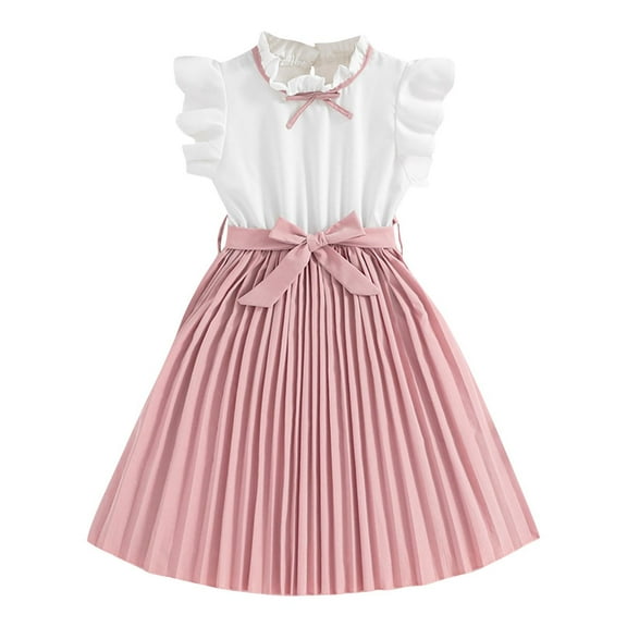 Owordtank Girl's Contrast Color Pleated Dress Ruffle Cap Sleeve A Line Midi Cute Swing Party Dress with Belt 8-12 Years