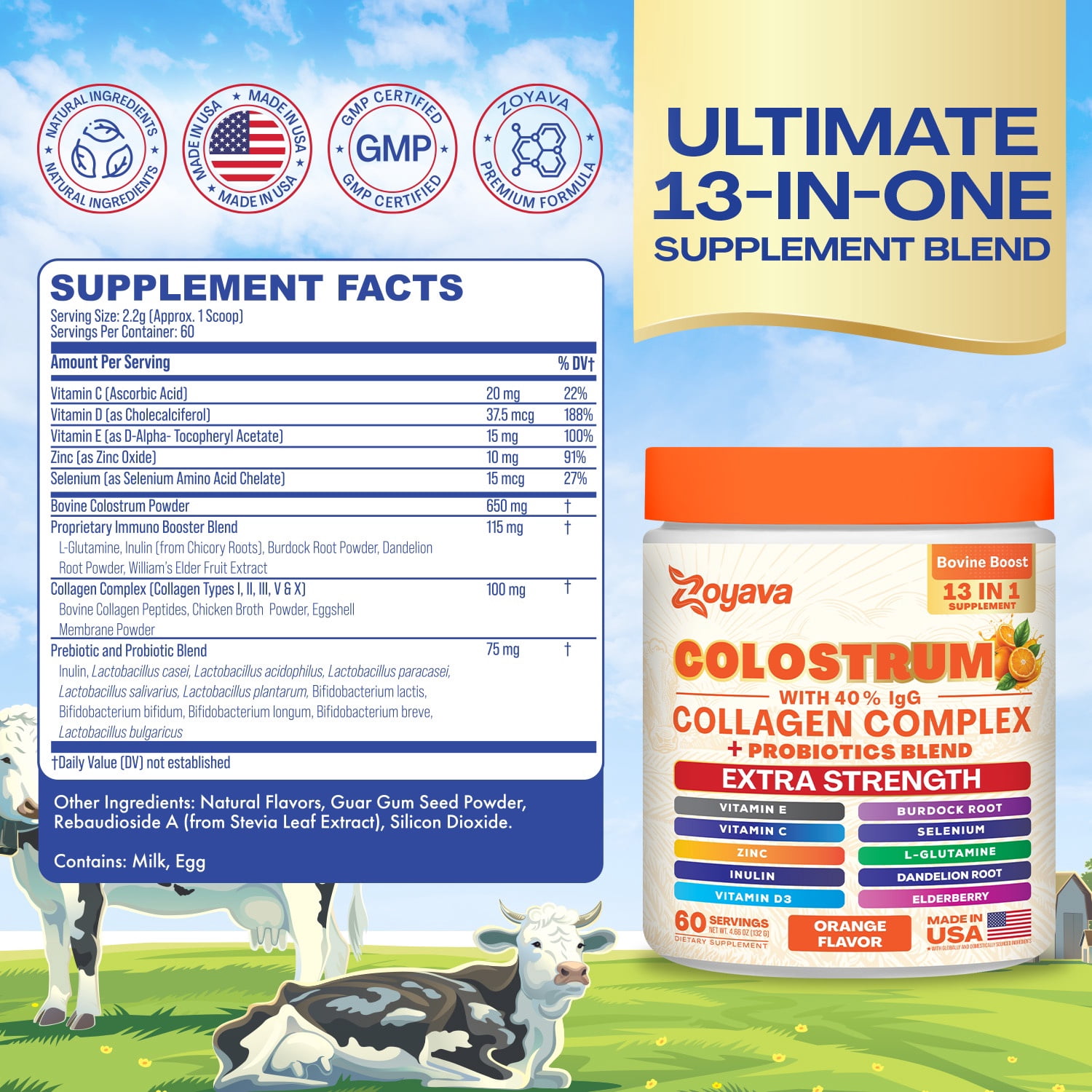 Parrox Colostrum Powder with 40% IgG, Collagen, Probiotics, Burdock Root,  L-Glutamine, Elderberry, Vitamin C, Vitamin E, Vitamin D3, Inulin, Selenium, Dandelion Root, Zinc, 60 Servings (Orange)