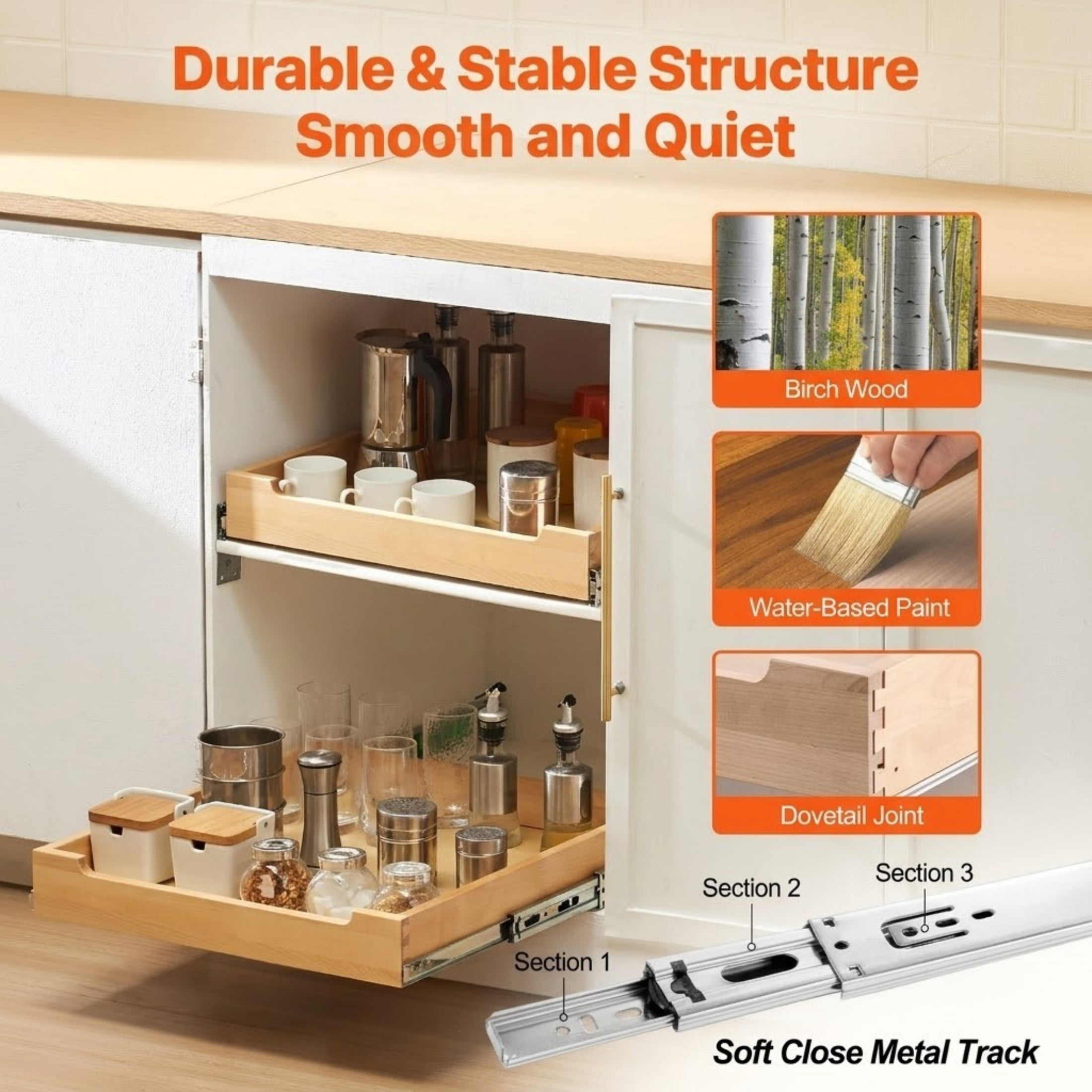 20"W x 21"D Pull Out Cabinet Organizer, Soft Close Slide Out Shelf, Heavy Duty Sliding Wood Drawer, Bottom & Side Mount for Kitchen, Pantry, Bathroom
