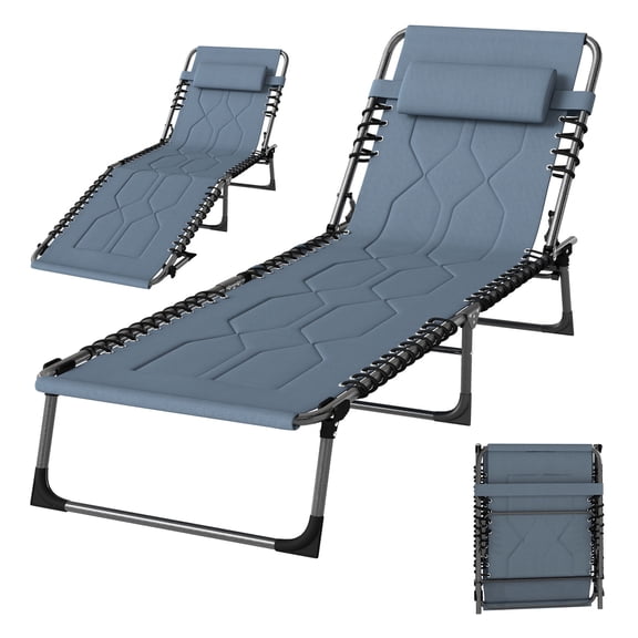 Padded Folding Chaise Lounge Chair, Outdoor Reclining Beach Chair, 6-Position Camping Tanning Chair with Headrest, Patio Pool Lounger - Gray