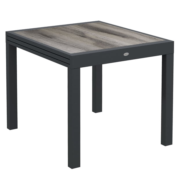 Extendable Outdoor Dining Table, Grey Aluminum Frame with Wood Grain Plastic Top, Rectangular Patio Table (31.5" to 63" L) for Backyard, Garden, Balcony, and Deck
