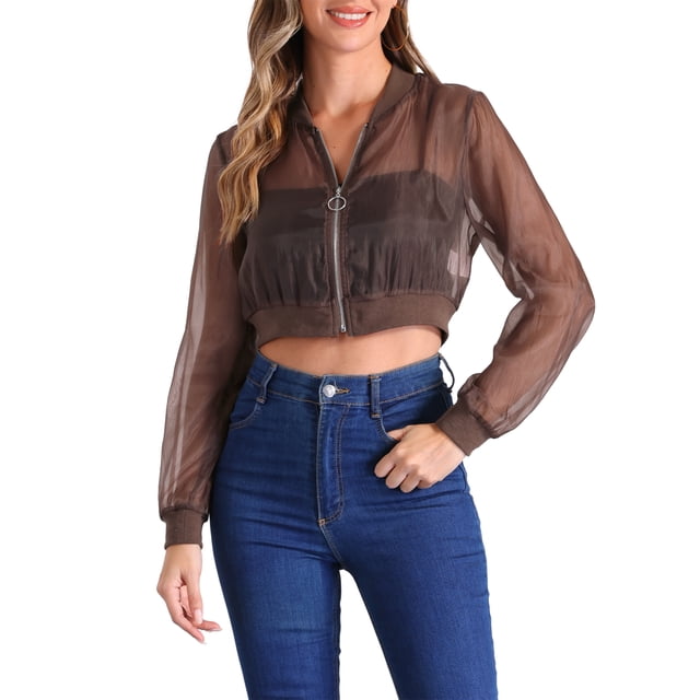 Allegra K Blouson pour Femmes Manches Longues Crop en Maille Transparente m Marron