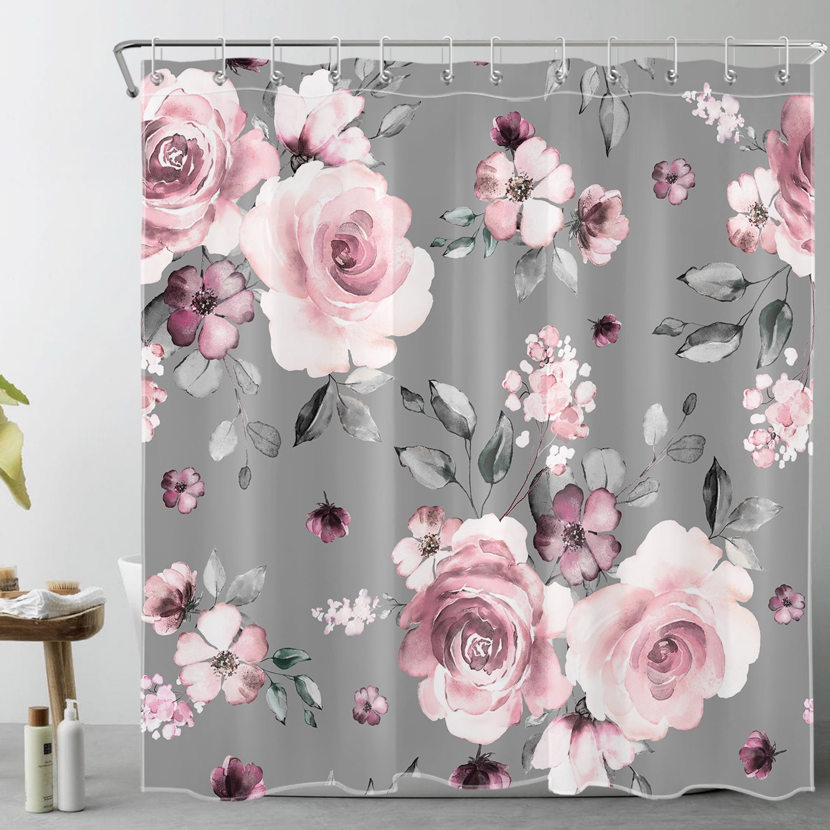 Vintage Pink Floral Shower Curtain for Bathroom, Modern Farmhouse Retro ...
