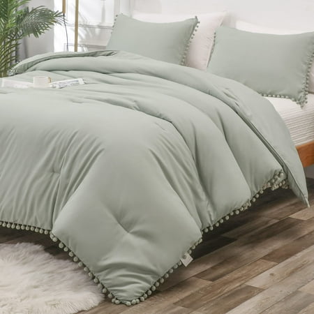 YOZEN Sage Green Comforter Set Twin Size (66x90 Inch), 2 Pieces Twin Comforter Set (1 Pom Pom Fringe Comforter and 1 Pillowcase), All Season Soft Down Alternative Bedding Set