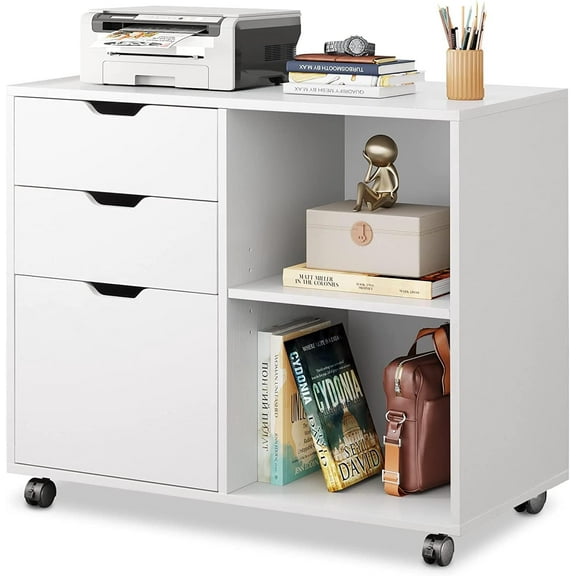 3-Drawer Wood File Cabinet, Mobile Lateral Filing Cabinet, Printer Stand with Open Storage Shelves for Home Office, White
