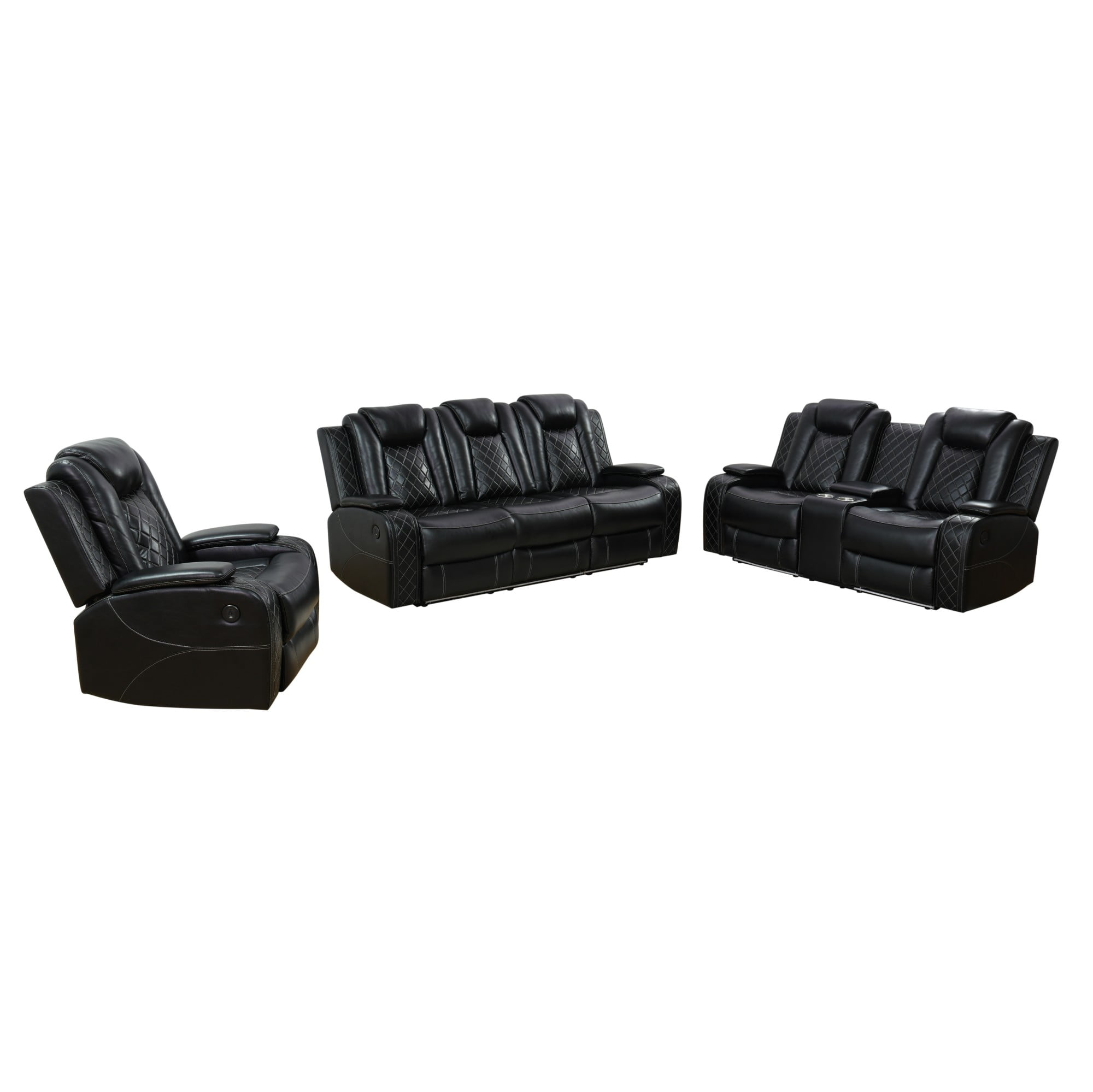 Gewnee 3-Seat Power Adjustable Sofa with 2 Recliners, Console & Cup Holders, Air Leather, Adjustable Recline, Ideal for Living Room, Black