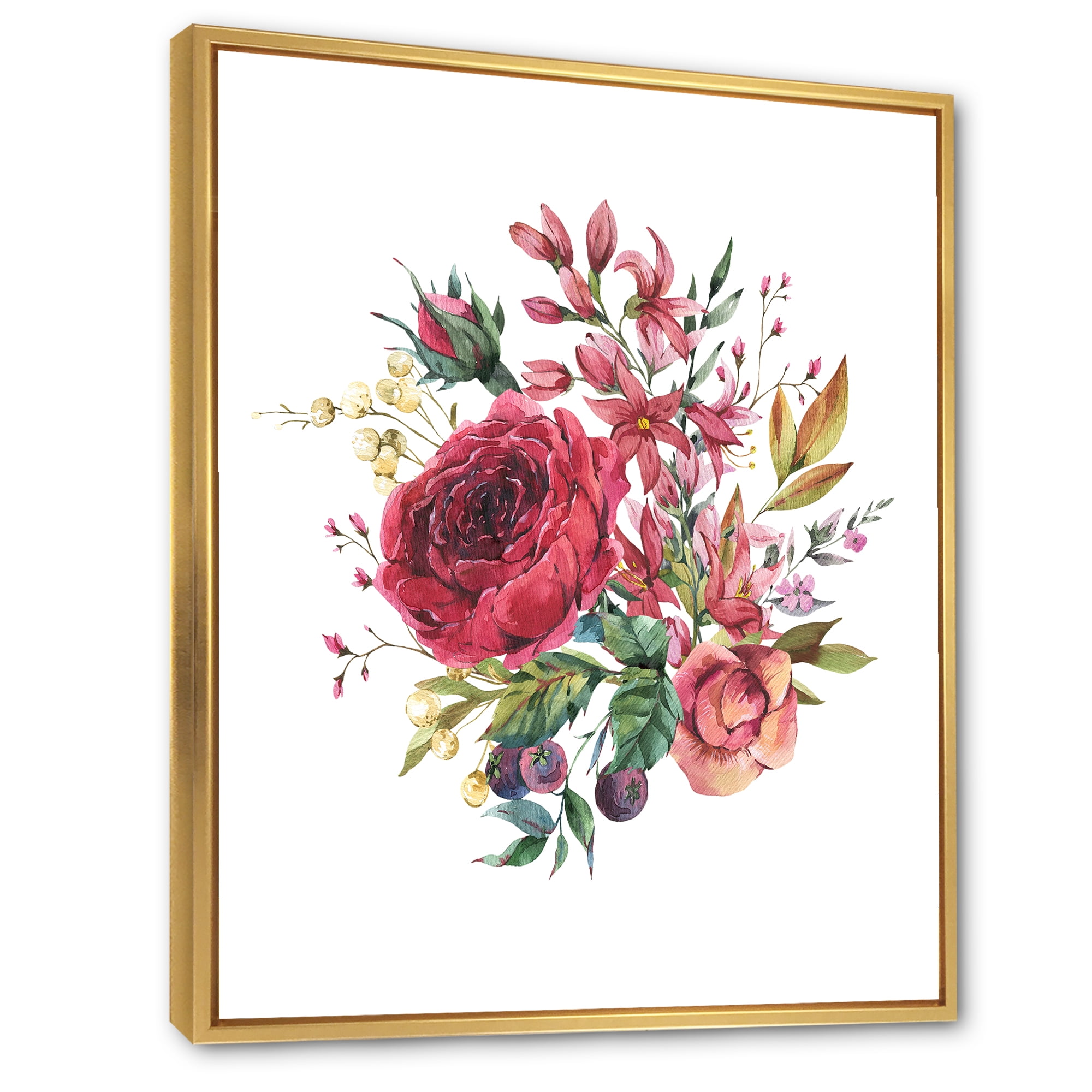 Designart 'Ancient Wildflowers and Burgundy Rose' Farmhouse Framed Canvas Wall Art Print
