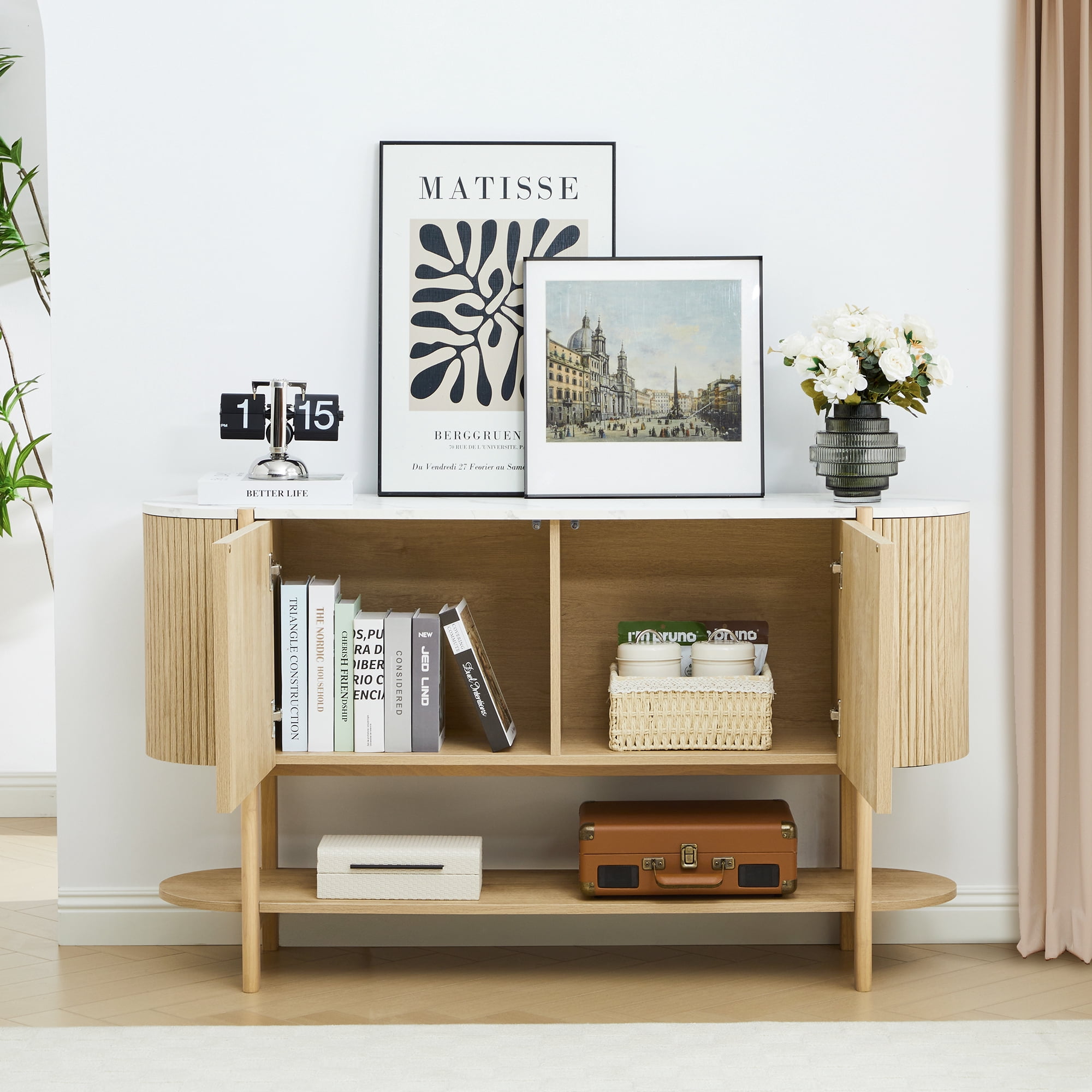 PHOYAL 54" Fluted Oval Console Table Sofa Table with 2 Doors and Marble Textured Tabletop, Modern Entryway Table Accent Table with Open Storage Shelves for Living Room Hallway Bedroom, Oak