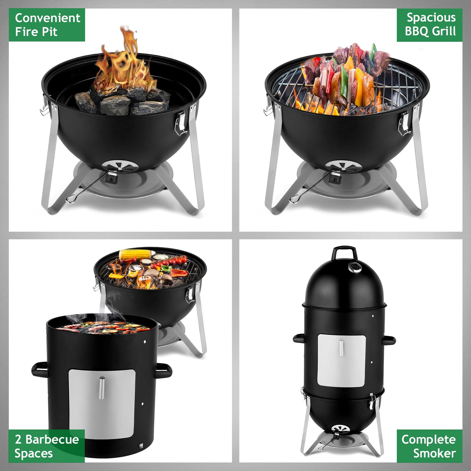 Vertical Steel Charcoal Smoker, Heavy Duty Three Layer Round BBQ Grill & Smokey Mountain Cooker for Outdoor Cooking, Black