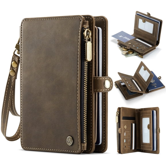 Multi-Functional Travel Passport Holder Wallet Case for Men Women with Card Slots and Passport Cash Photo Solt Zipper Pocket, RFID Blocking Wristlet Strap for Travel - Vintage Brown